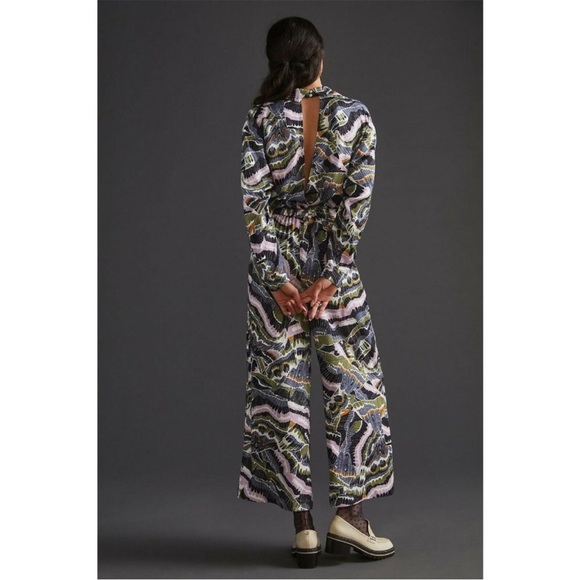 By Anthropologie Abstract Pant Set Body Suit Cropped Wide Leg Viscose Satin 0 - Picture 2 of 14